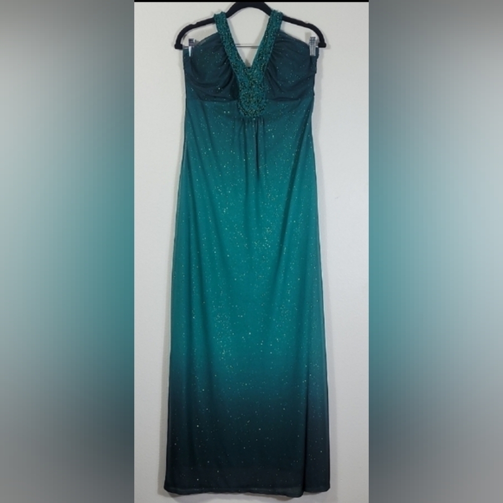 Y2K Roulette Womens Formal Maxi Gown Size 10 Green Sparkle Beaded Hoco